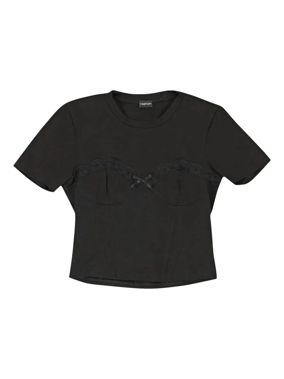 Callipygian レーストリムビスチェ風ブラックTシャツ - 画像1