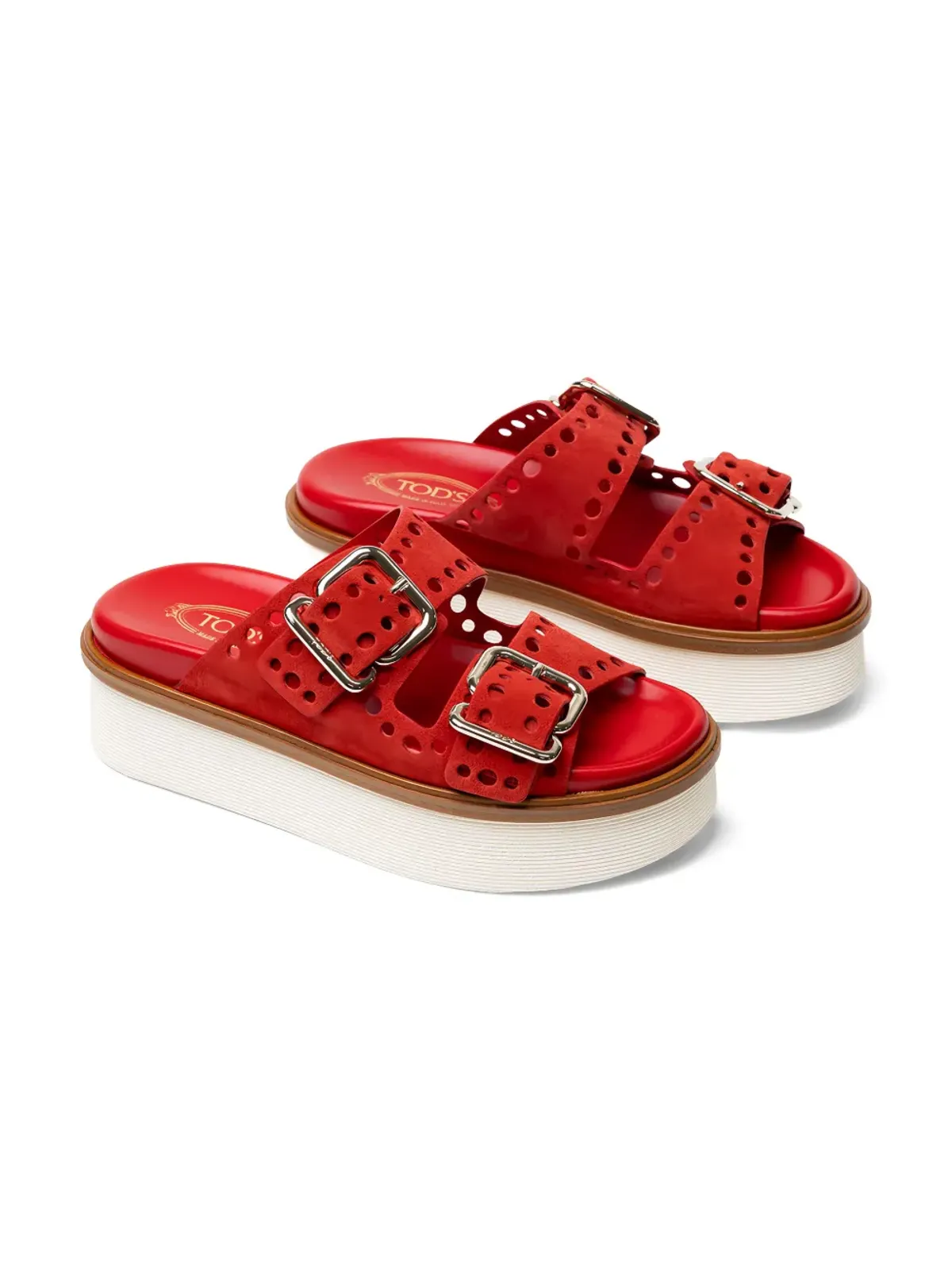Tod's パンチングデザインのバックル付きプラットフォームサンダル - レッド - 画像2