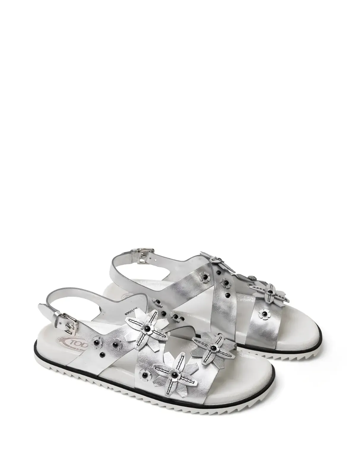 Tod's 花モチーフのバックルサンダル シルバー - 画像2