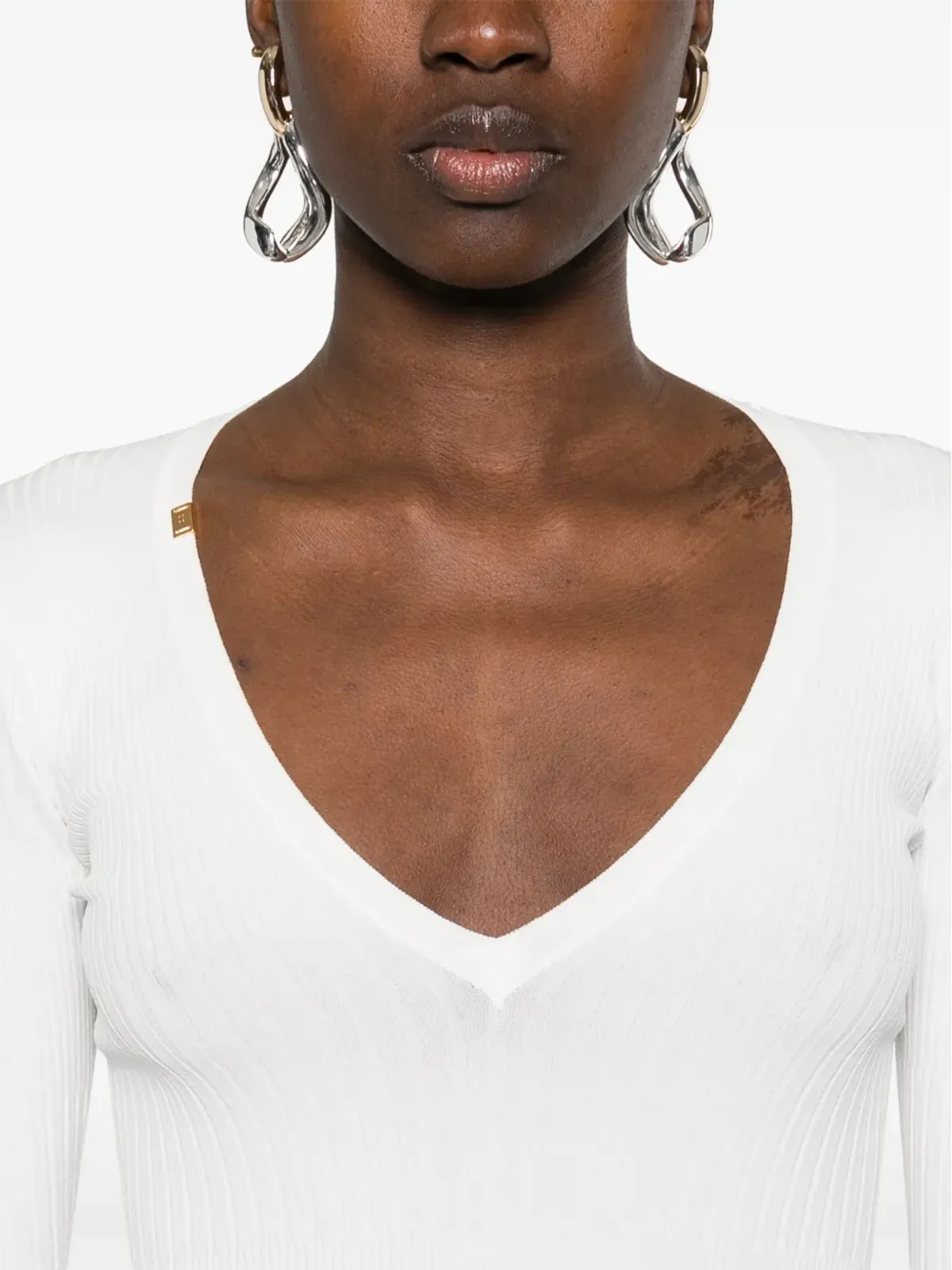 Elisabetta Franchi Vネックリブニットトップ ホワイト - 画像5