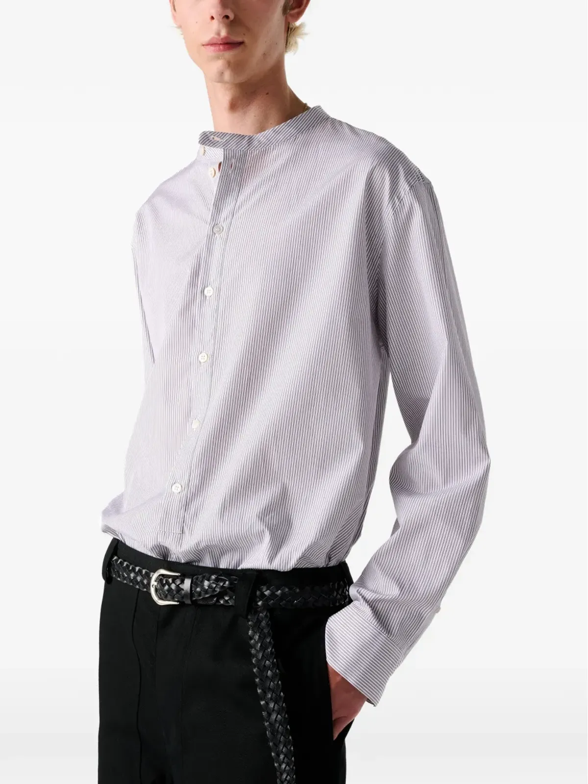 Studio Nicholson Nick shadow stripe grandad collar shirt - White - 画像5