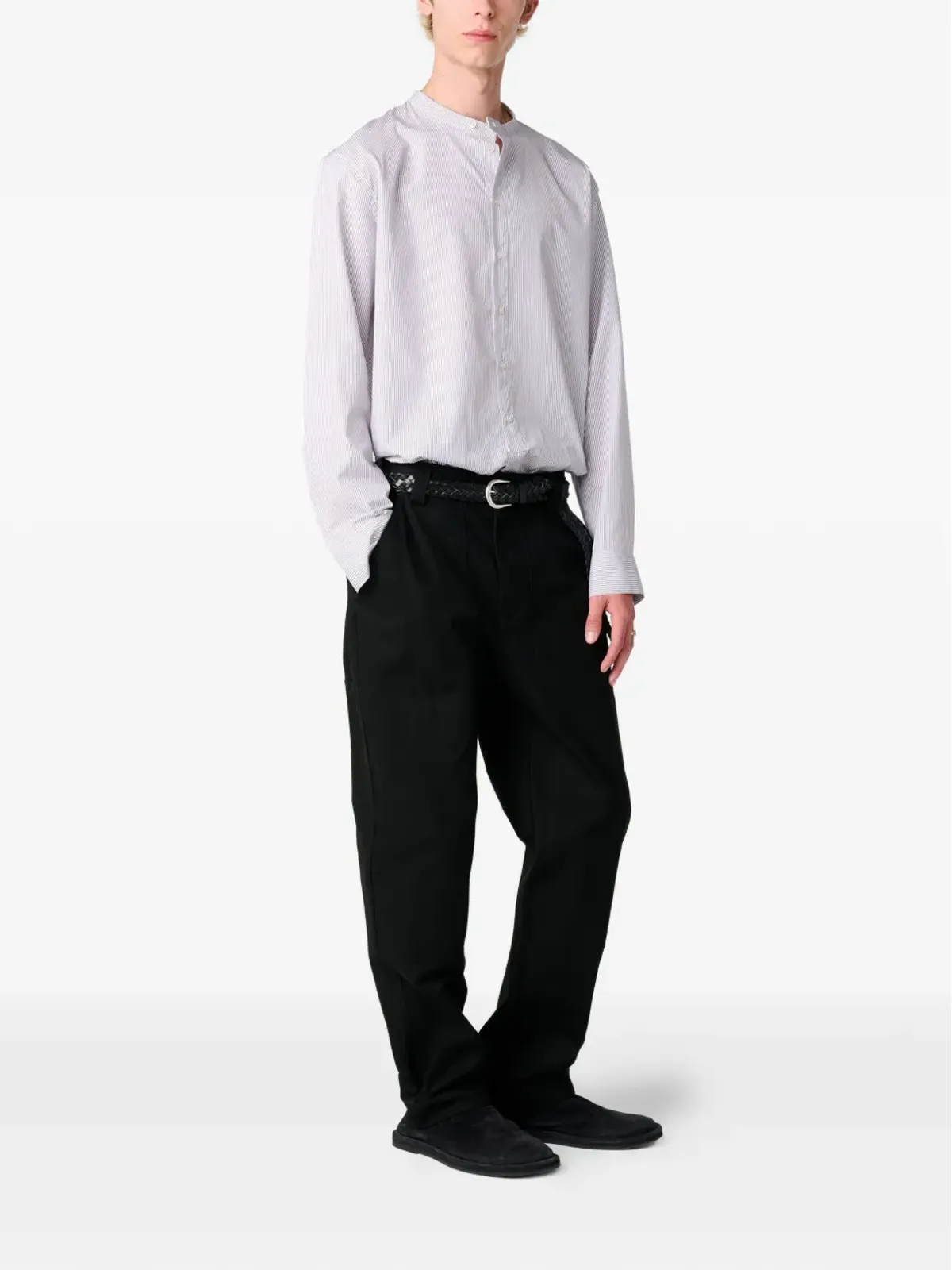 Studio Nicholson Nick shadow stripe grandad collar shirt - White - 画像3