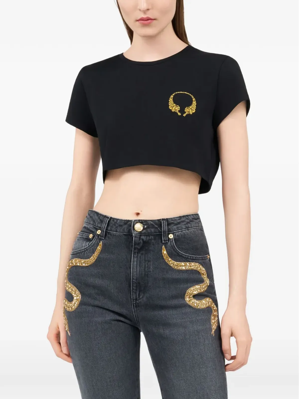 Roberto Cavalli クロップドTシャツ ブラック - 画像3
