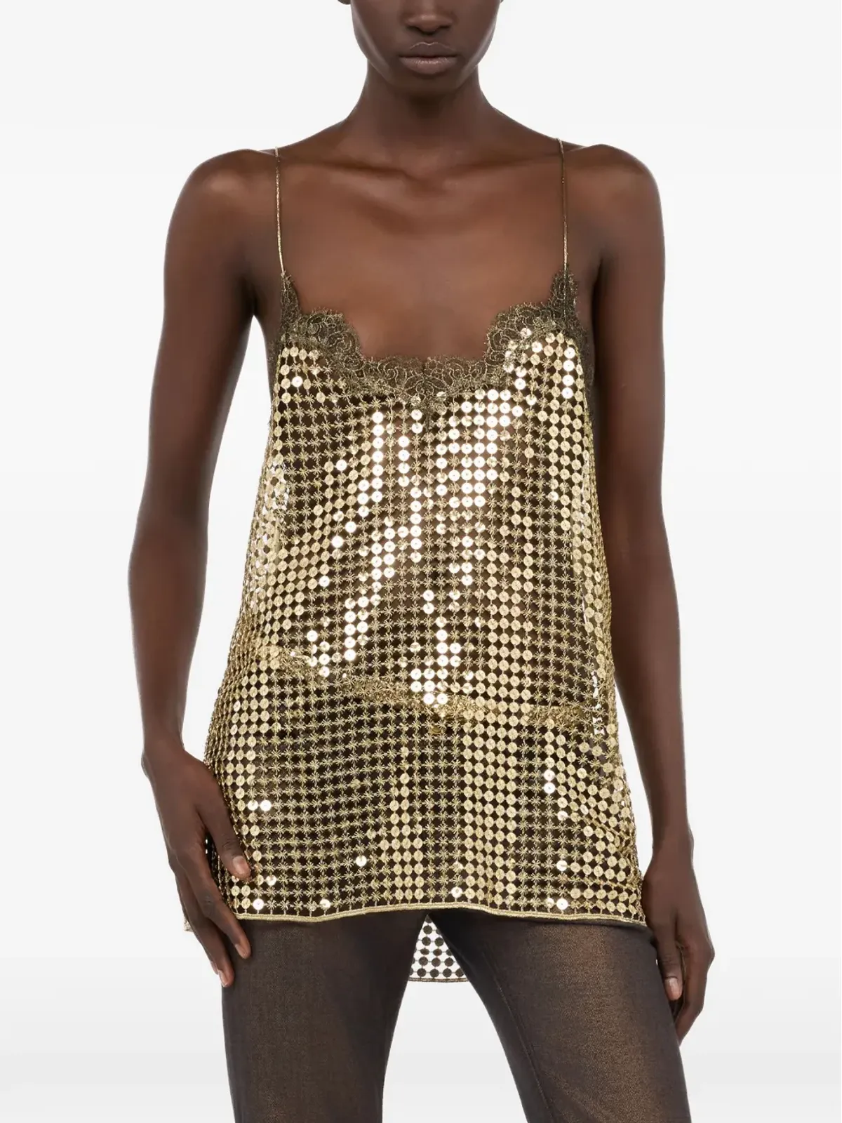 Roberto Cavalli ゴールドのレース×スパンコールトップス - 画像3