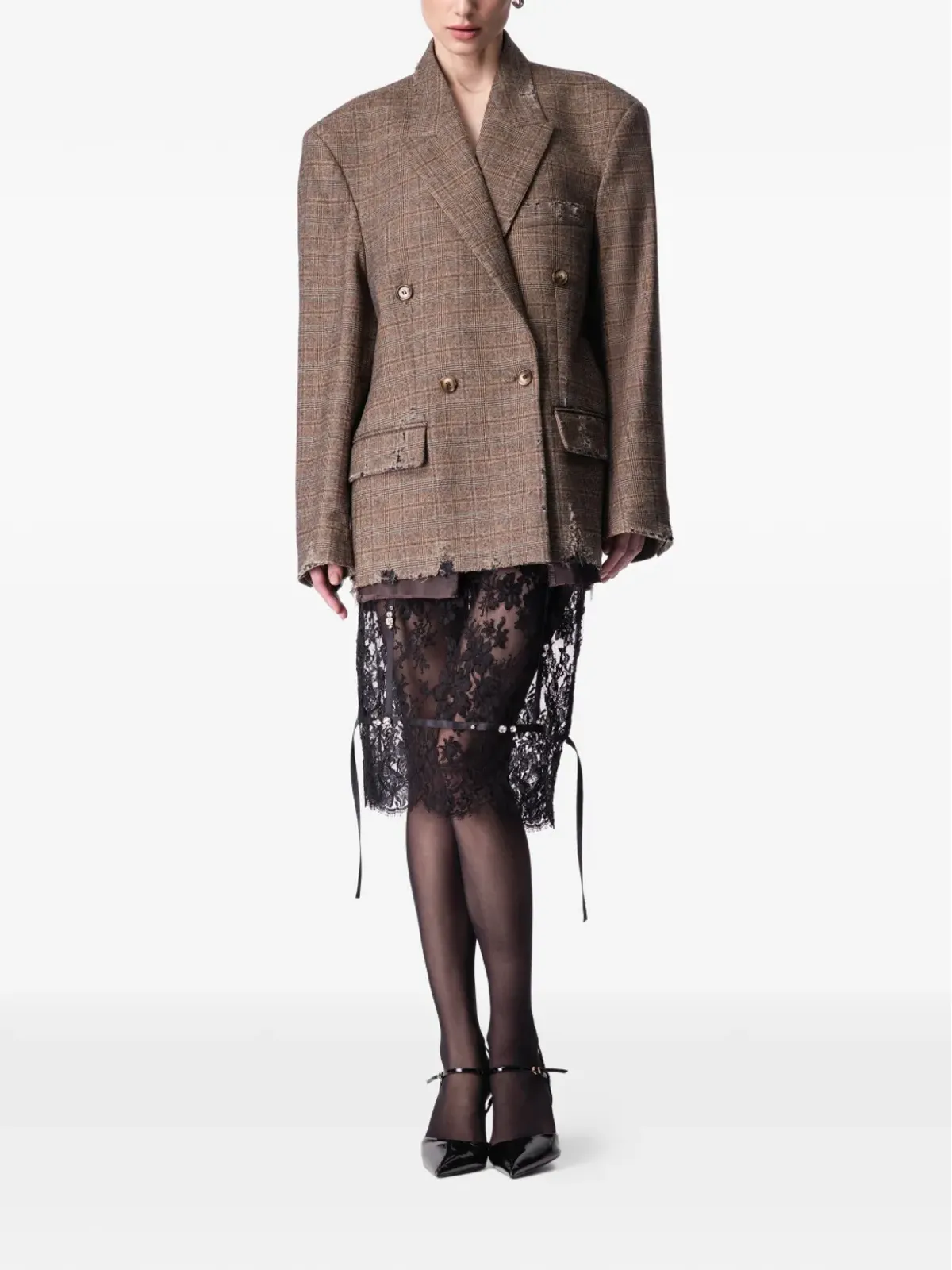 ARTICLE TEN distressed plaid blazer - Brown - 画像2
