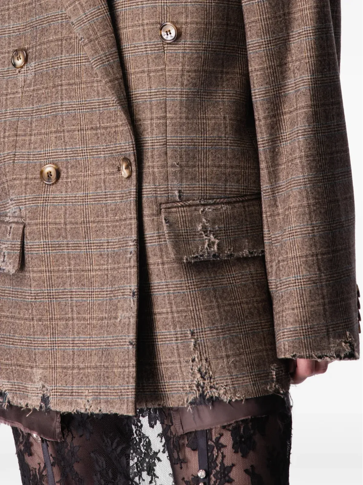 ARTICLE TEN distressed plaid blazer - Brown - 画像4