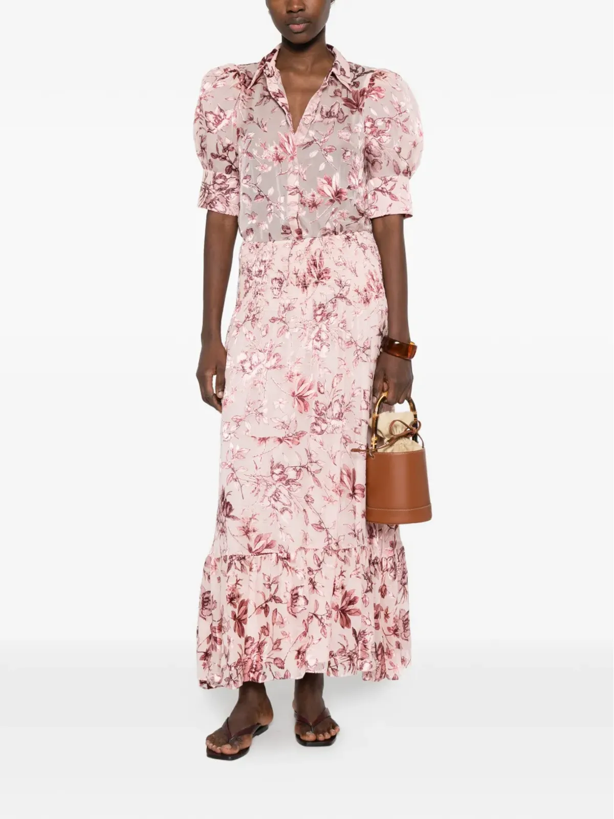alice + olivia ピンクのスティービー花柄フリル付きマキシスカート - 画像2