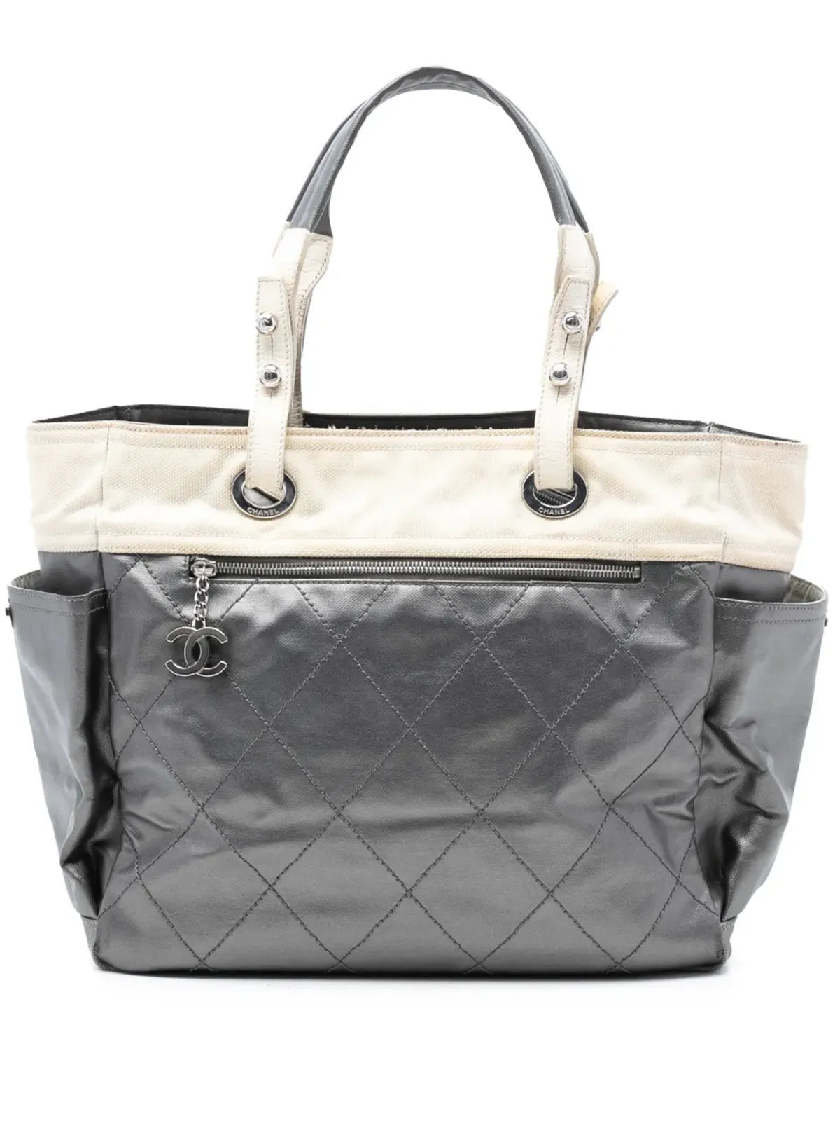 CHANEL Vintage ビカラー キルテッド コーテッドキャンバス パリ・ビアリッツ トートバッグ - グレー - 画像1