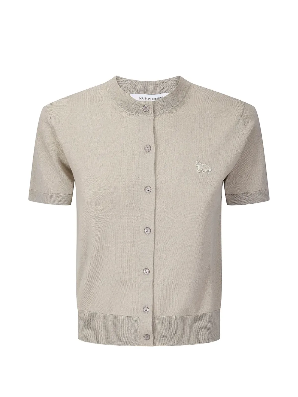 Maison Kitsuné ベージュのウール製・丸首ショートスリーブカーディガン（ベビー狐モチーフ） - 画像1