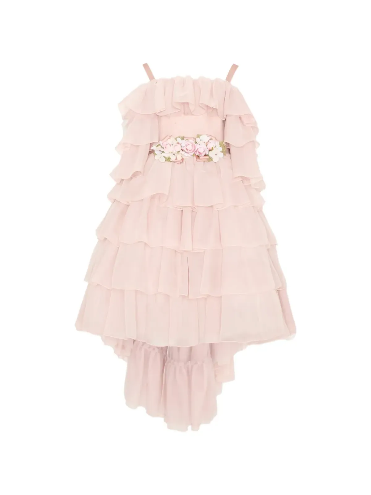 Colorichiari ピンクのフリルティアード花柄アップリケドレス - 画像1