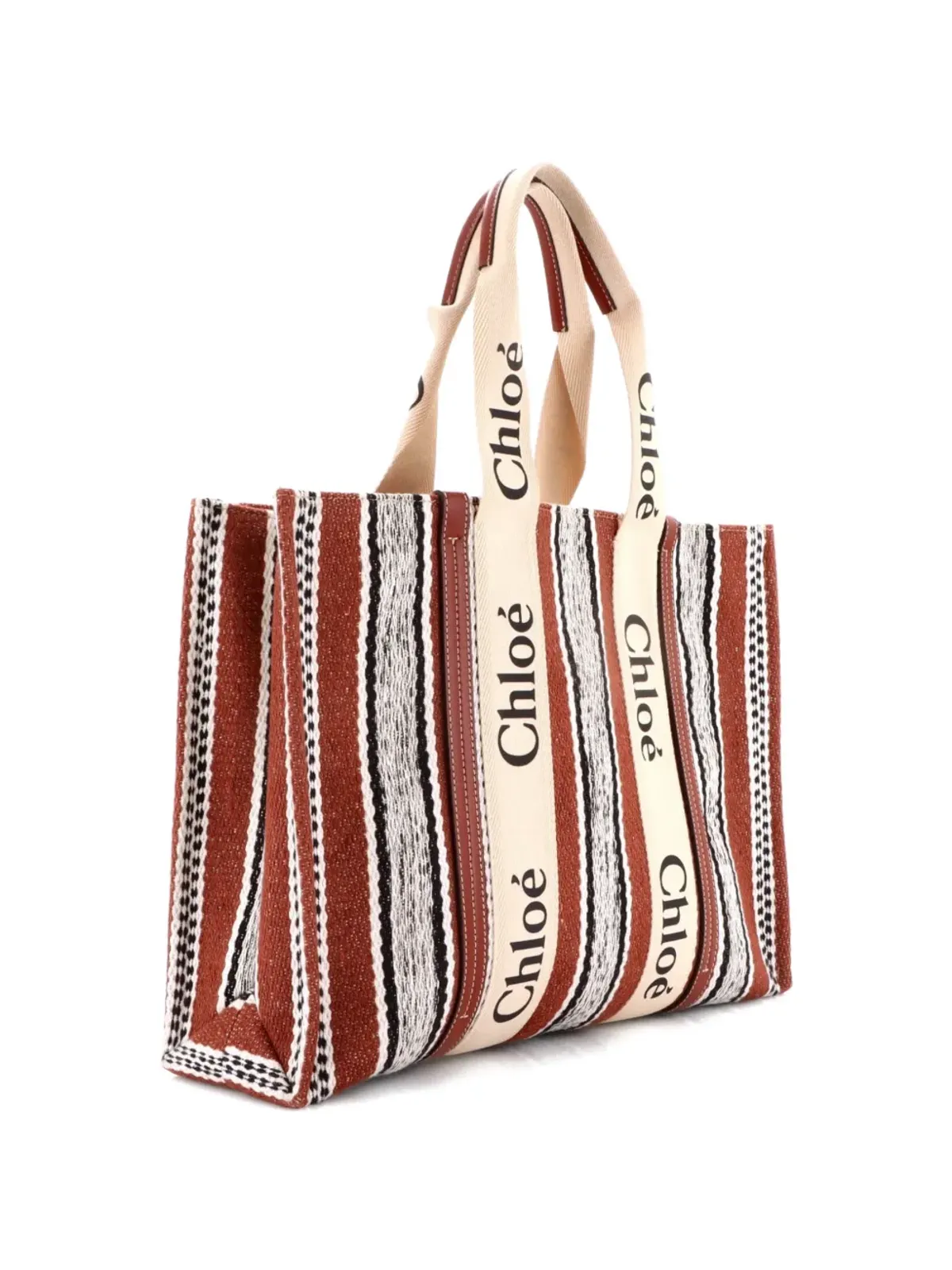 Chloé Pre-Owned 木目調ストライプリネン ラージ トートバッグ - 画像3