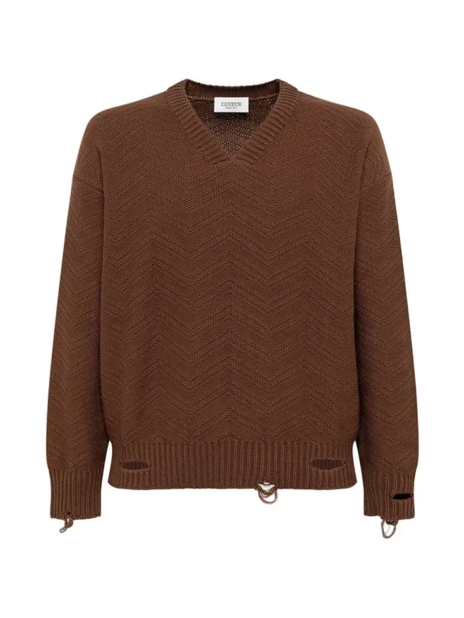 Laneus Laneus distressed v-neck jumper - Brownの商品画像
