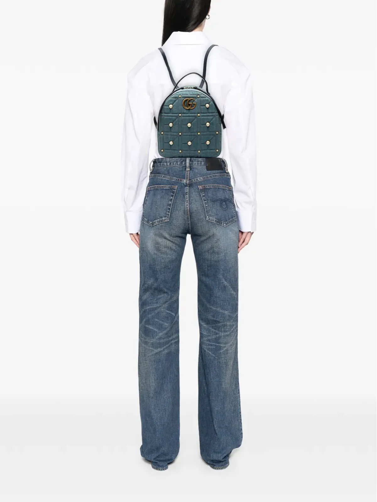 Gucci Pre-Owned GG Marmont Pearl Studded Matelasse Denim バックパック - 画像2