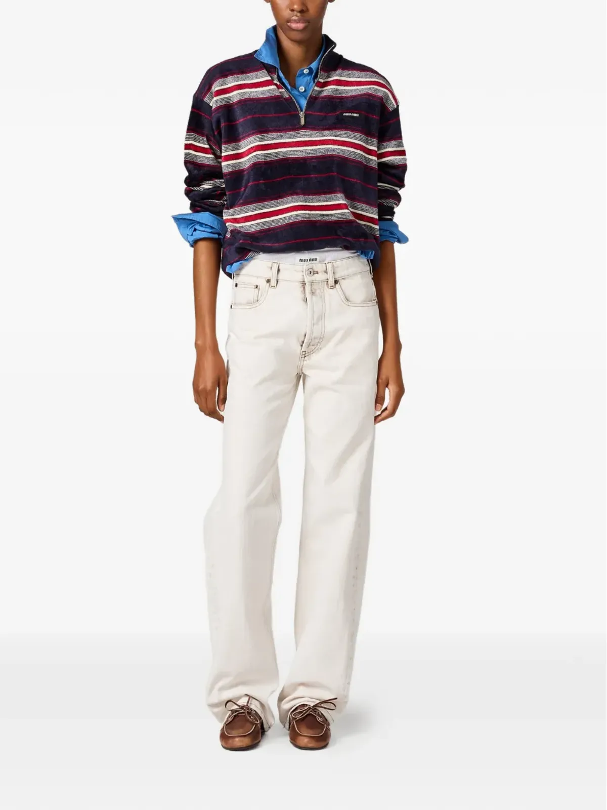 Miu Miu ストライプ柄ハーフジッパー チェニールセーター - ブルー - 画像2