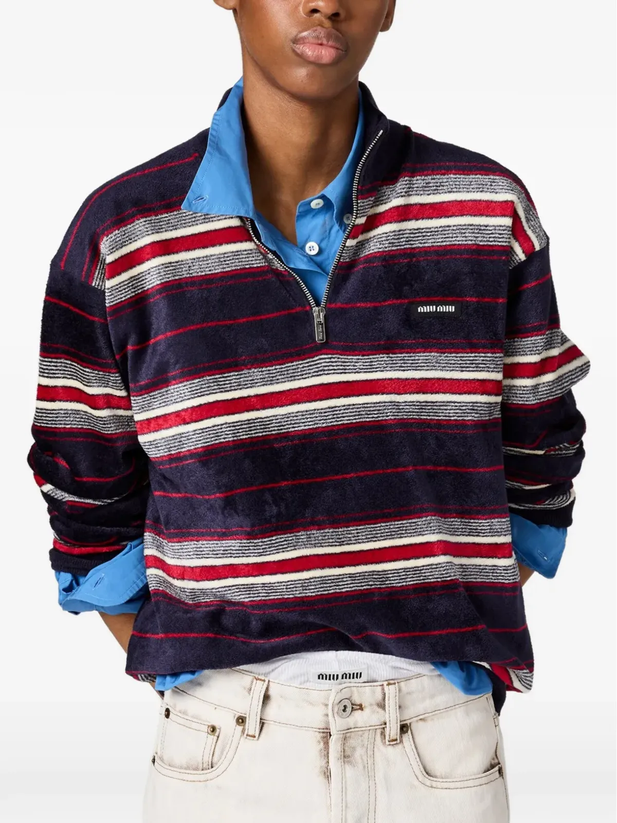 Miu Miu ストライプ柄ハーフジッパー チェニールセーター - ブルー - 画像4
