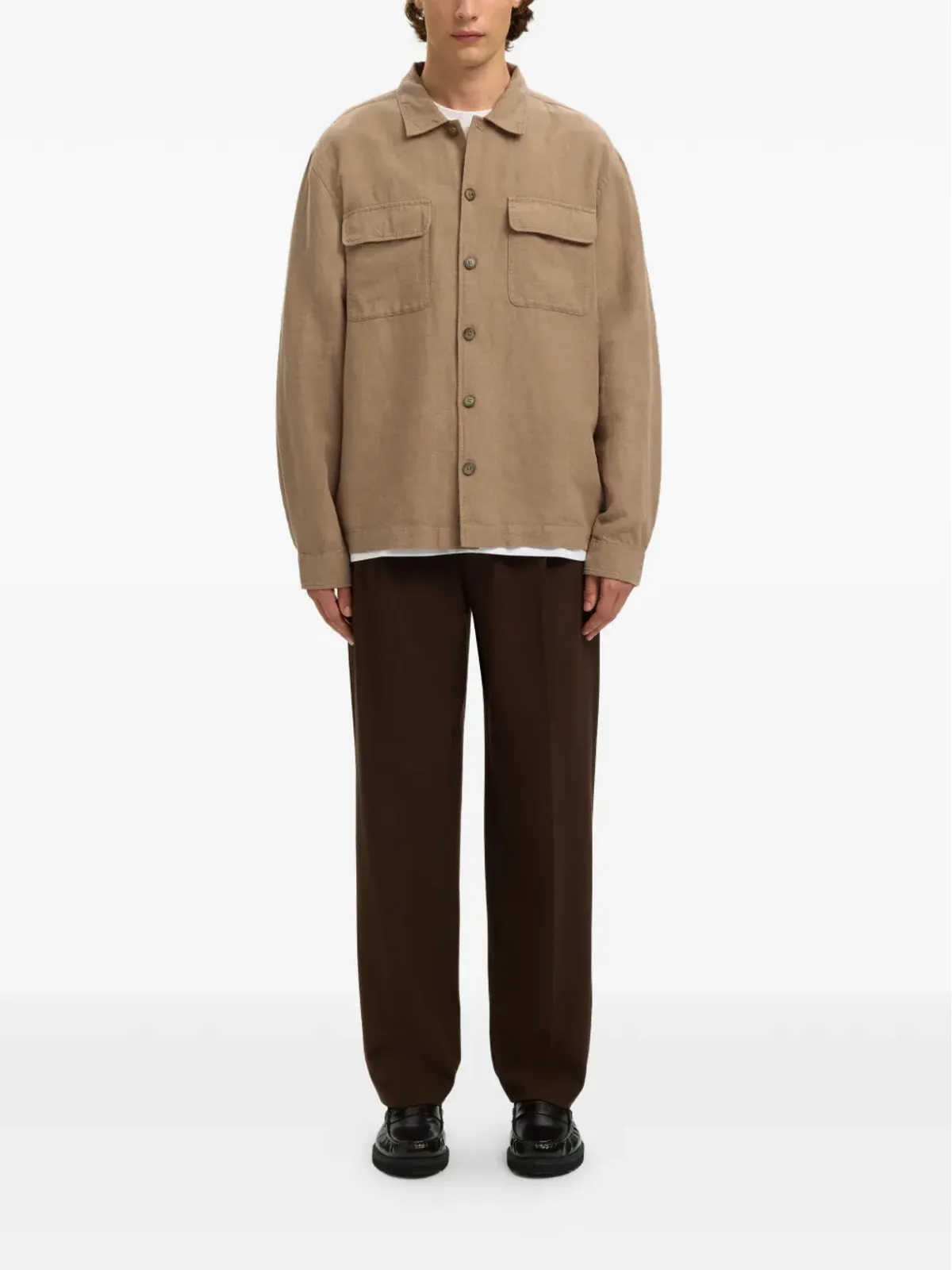 SELECTED フラップポケット付きボタン留めオーバーシャツ - Brown - 画像2