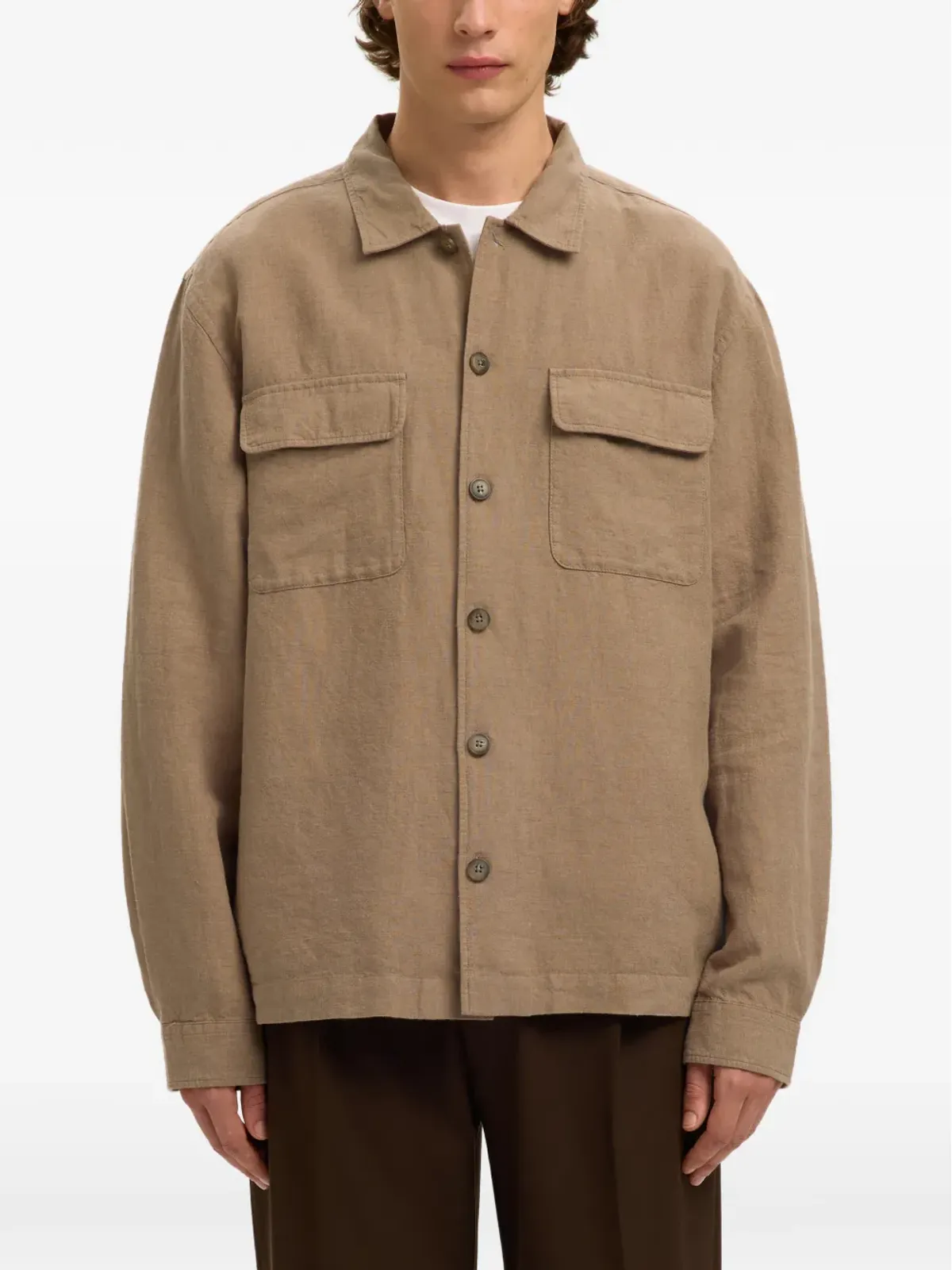 SELECTED フラップポケット付きボタン留めオーバーシャツ - Brown - 画像4
