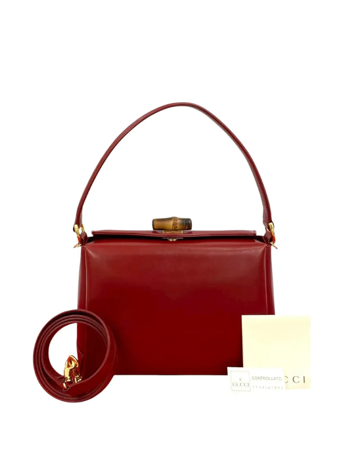 Gucci ビンテージ 20世紀風レザー バンブー サッチェル レッド - 画像2