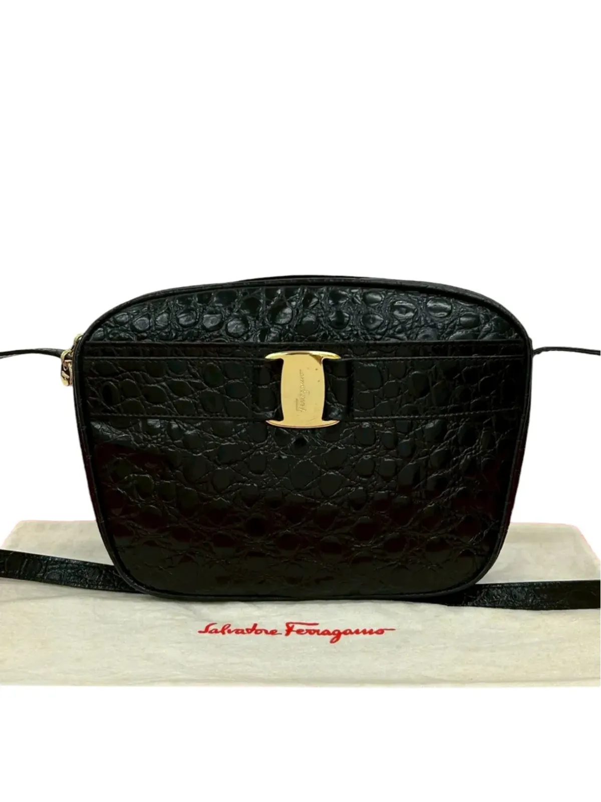 Ferragamo Pre-Owned クロコエンボス レザー ヴァラ クロスボディバッグ - ブラック - 画像2