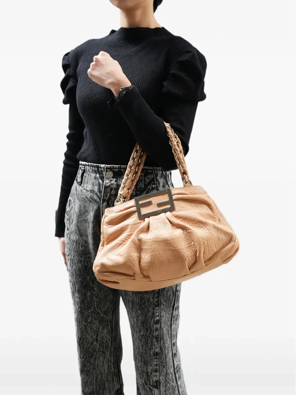 Fendi ビンテージ Mia Mamma バゲット チェーンレザー トートバッグ - 画像2