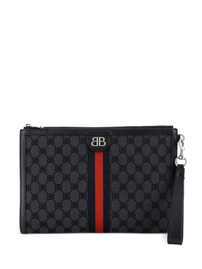 Balenciaga Pre-Owned Balenciaga Pre-Owned x Gucci The Hacker Project Web Wristlet BB Canvas クラッチバッグ - Blackの商品画像