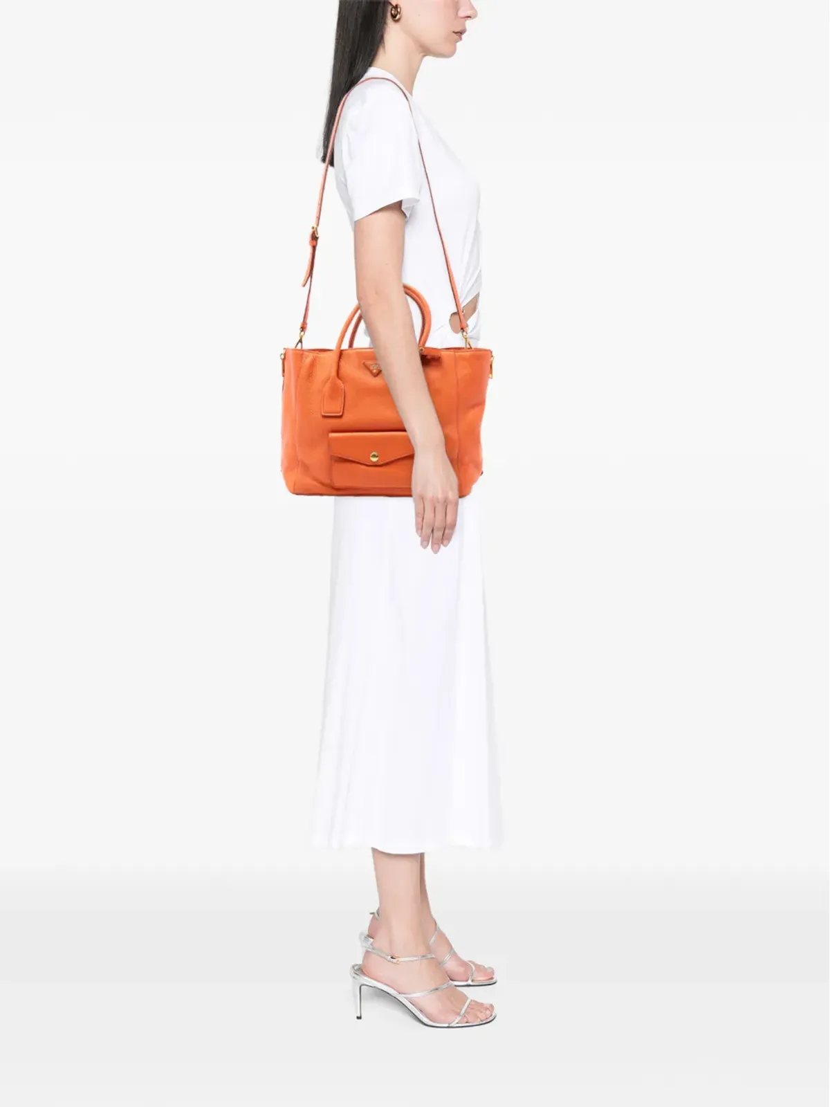 Prada Pre-Owned ヴィテロ・ダイノ サイドジップ ツインポケット オープン コンバーチブル トート サッチェル - オレンジ - 画像2