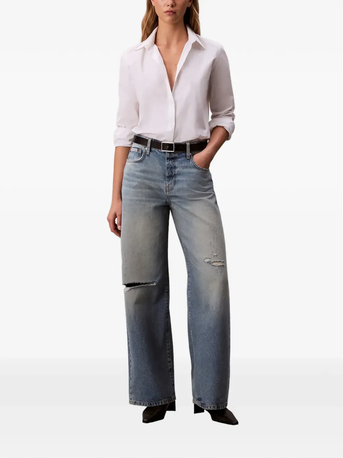 Calvin Klein ダメージデニムワイドジーンズ ブルー - 画像2