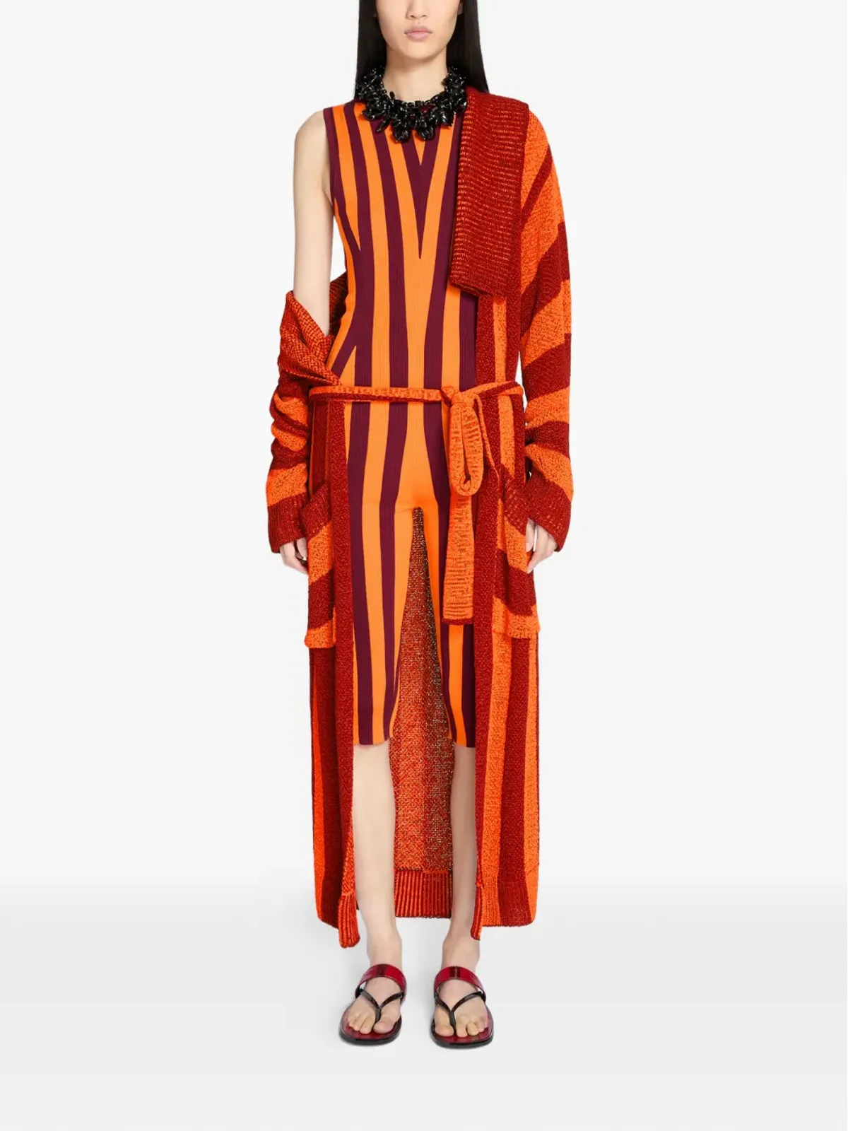 DRIES VAN NOTEN ベルト付きストライプカーディガン レッド - 画像2