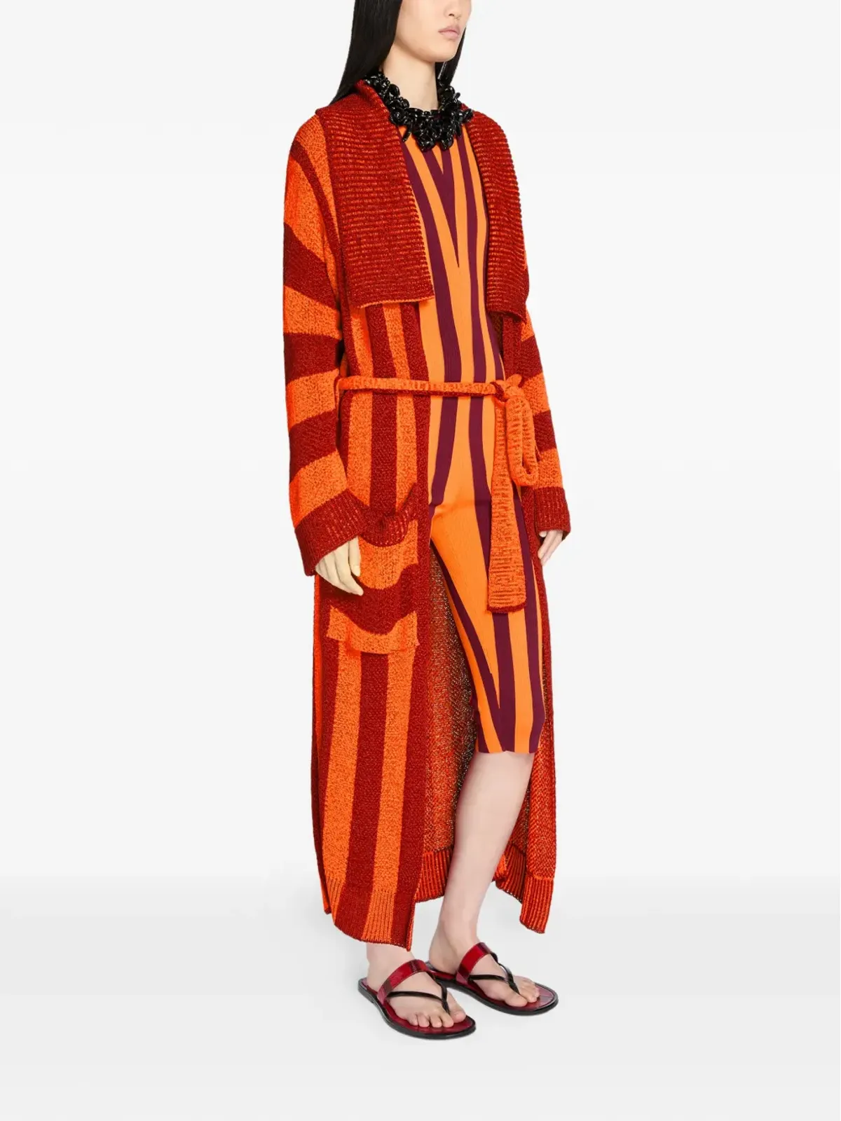 DRIES VAN NOTEN ベルト付きストライプカーディガン レッド - 画像3