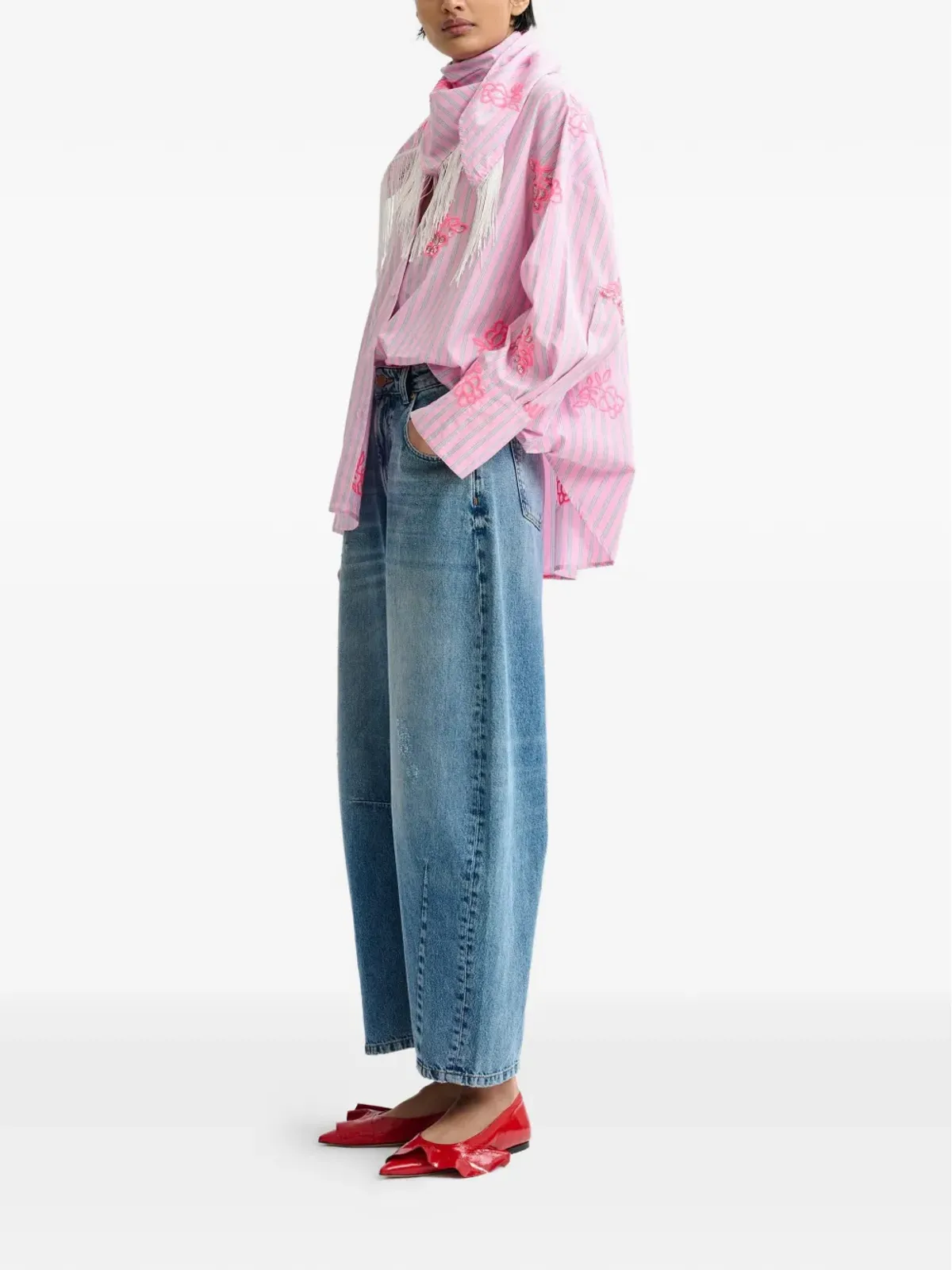 Essentiel Antwerp ピンストライプ花刺繍シャツ - 画像3