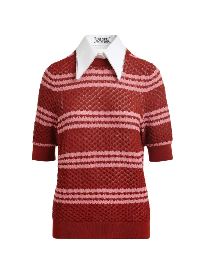 Essentiel Antwerp Essentiel Antwerp ストライプ柄のエンブリッシュドカラー Tシャツ - ブラウンの商品画像