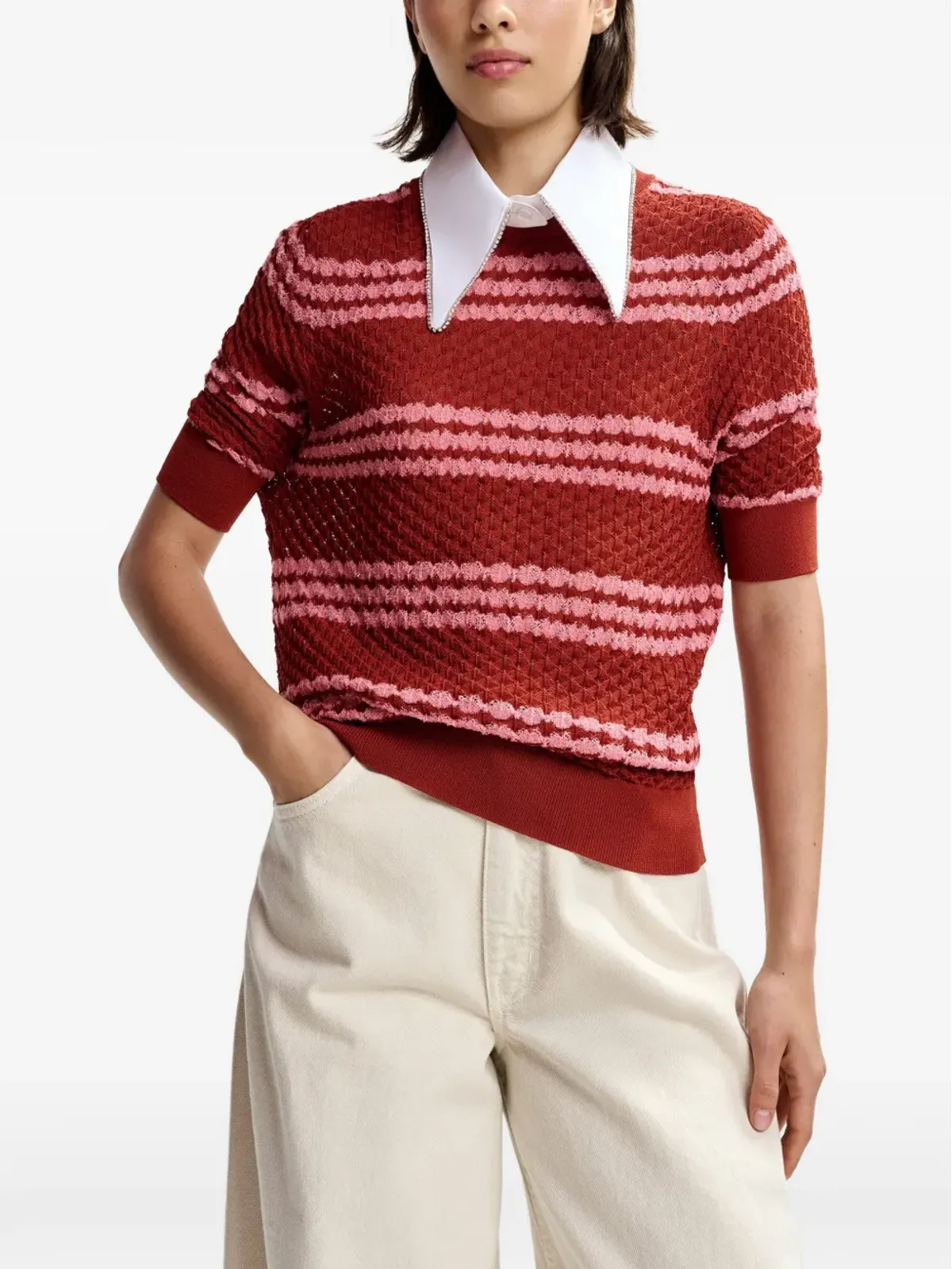 Essentiel Antwerp ストライプ柄のエンブリッシュドカラー Tシャツ - ブラウン - 画像4