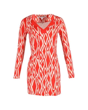 Diane Von Furstenberg Vintage 赤のプリント ロングスリーブ ドレス（Vネック） - サムネイル1