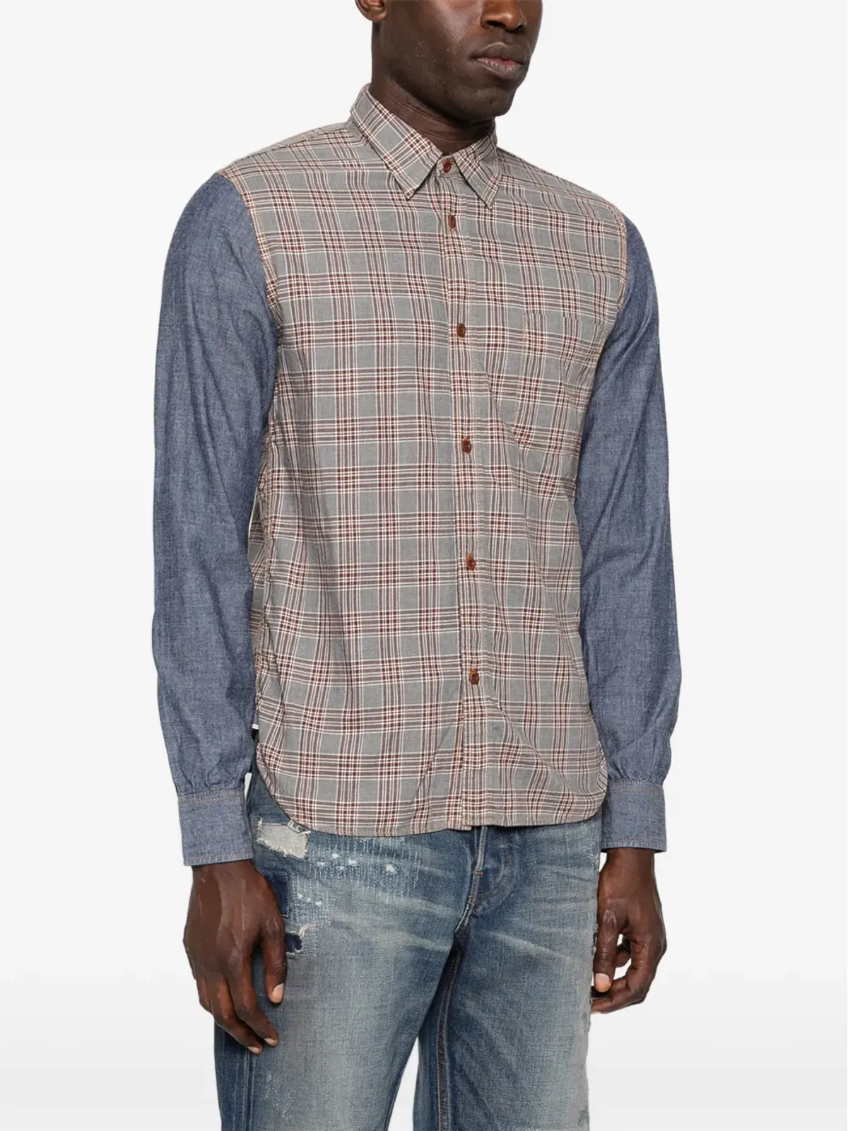 Comme des Garçons Homme デニム袖チェックシャツ - グレー - 画像3