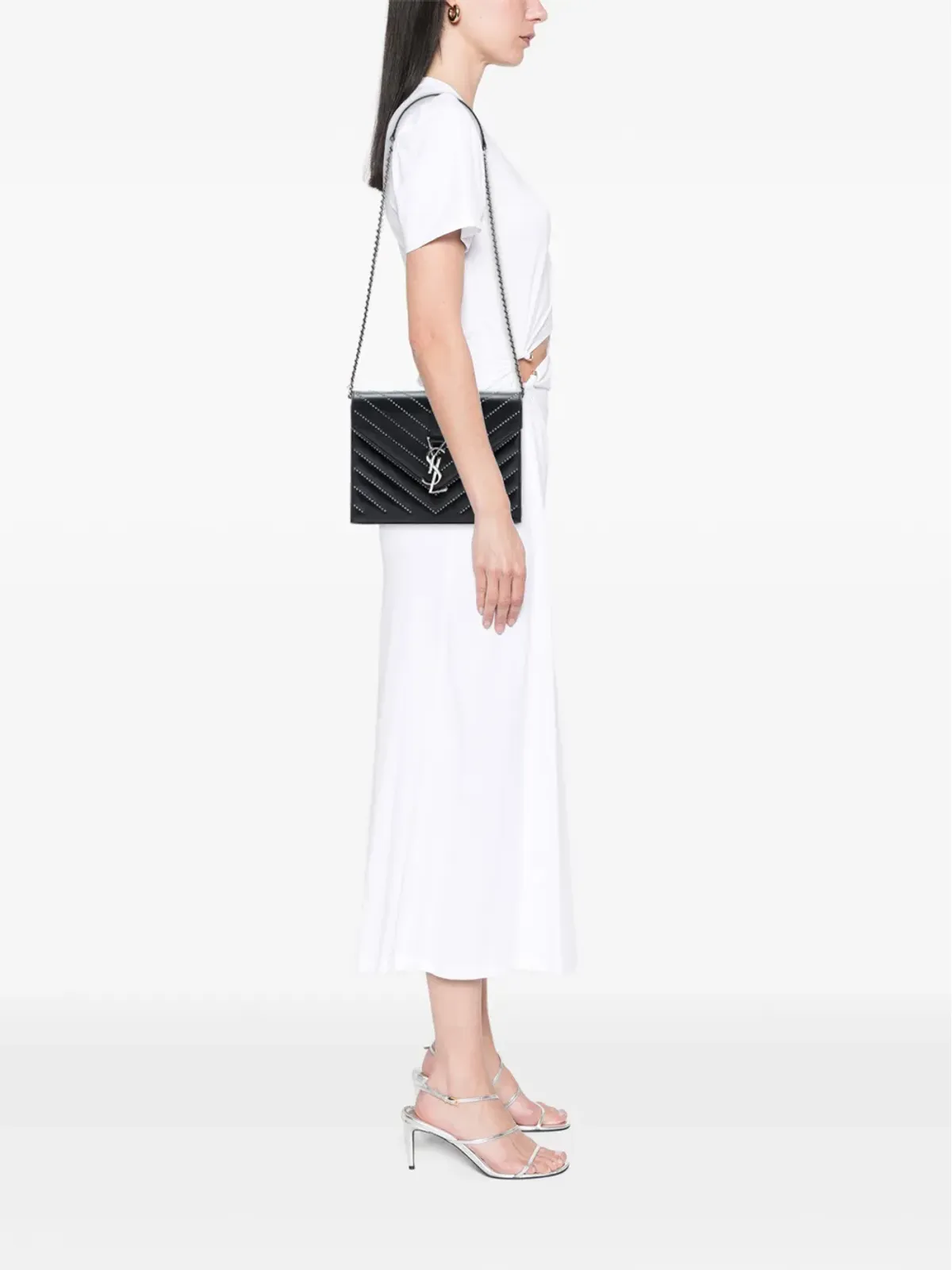 Saint Laurent Pre-Owned 2014 スタッズ付き Chevron カーフスキン モノグラム エンベロープ チェーン フラップ クロスボディバッグ - ブラック - 画像2