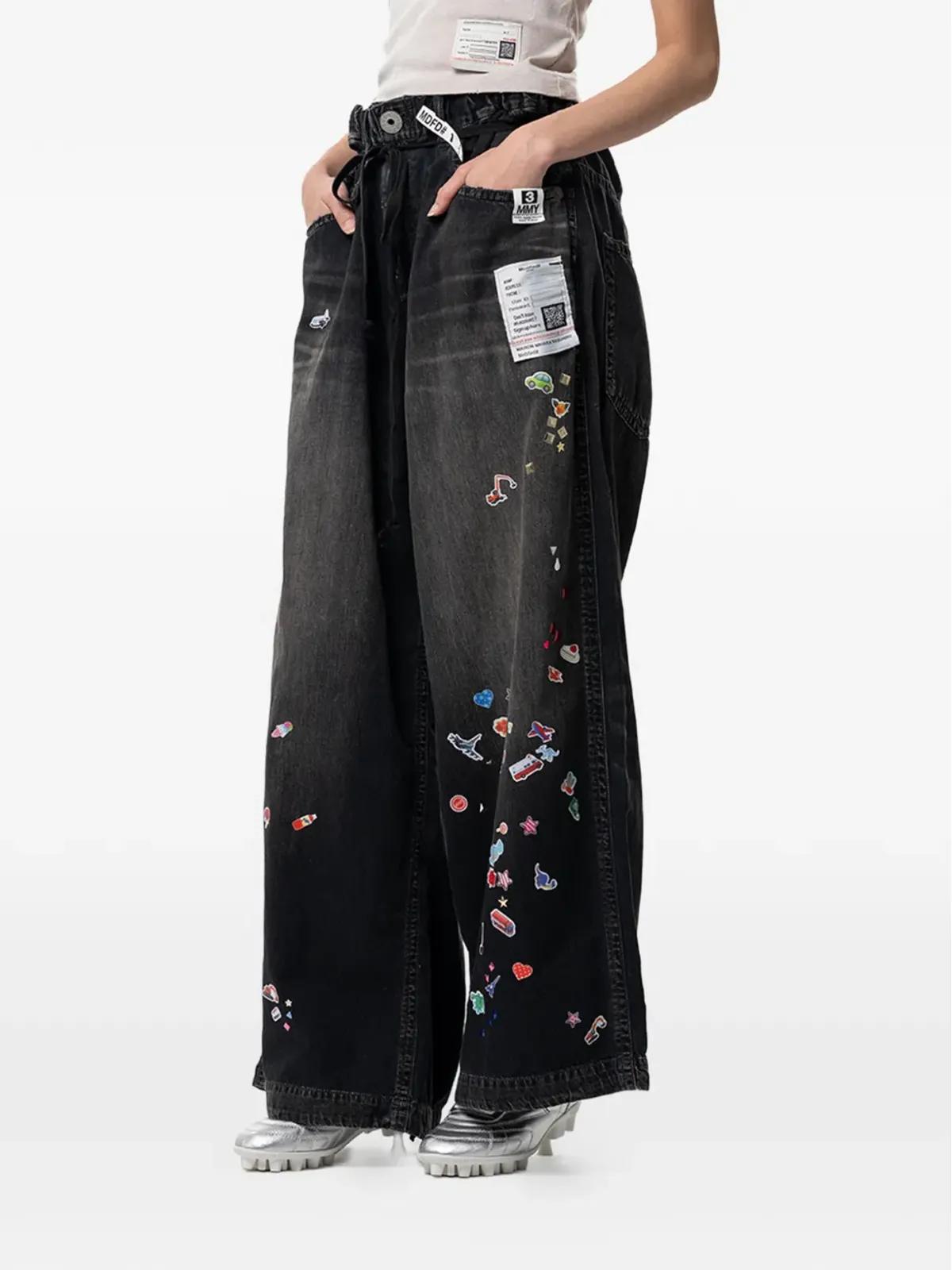 Maison MIHARA YASUHIRO sticker printed wide-leg jeans - Black - 画像4