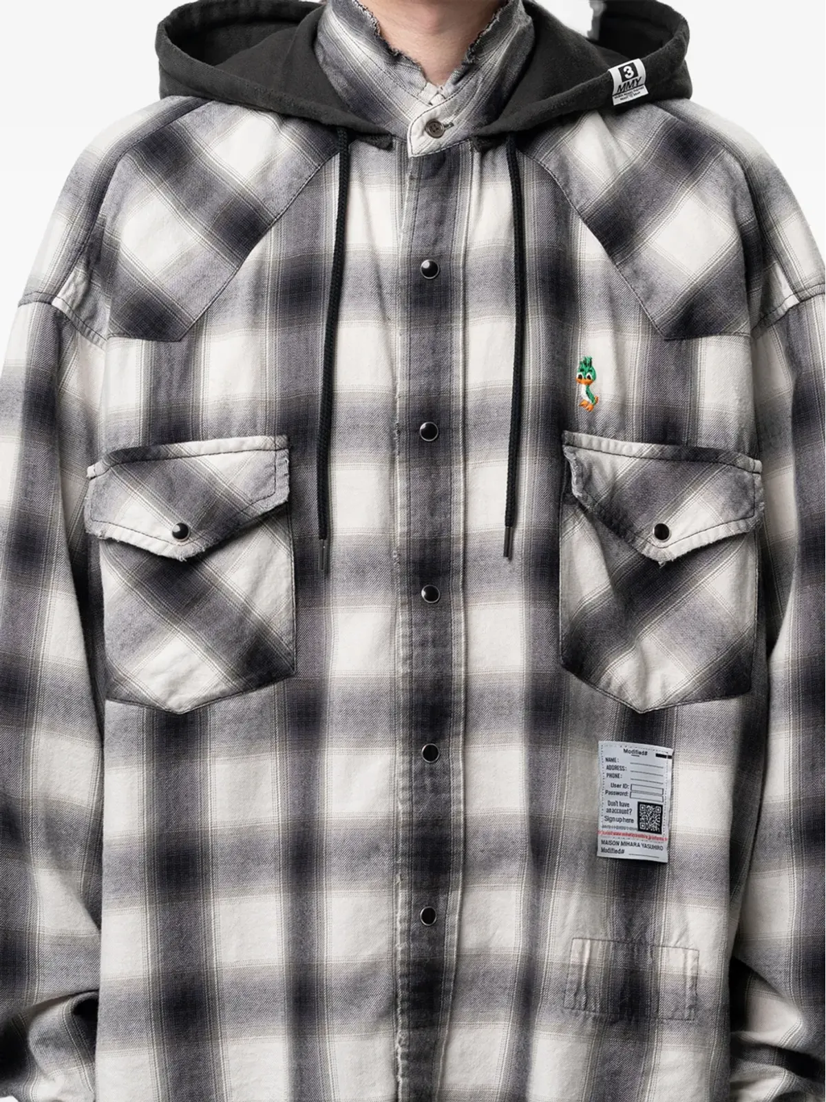 Maison MIHARA YASUHIRO フード付きチェック柄シャツ ブラック - 画像5