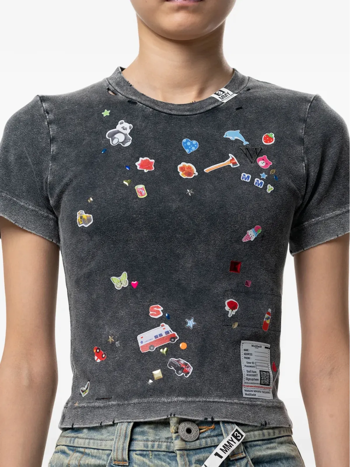 Maison MIHARA YASUHIRO kids sticker-print bleached T-shirt - Grey - 画像5