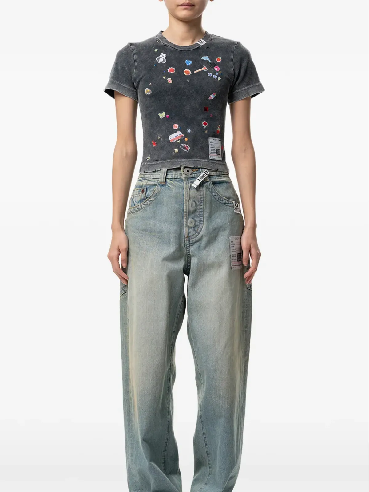 Maison MIHARA YASUHIRO kids sticker-print bleached T-shirt - Grey - 画像2