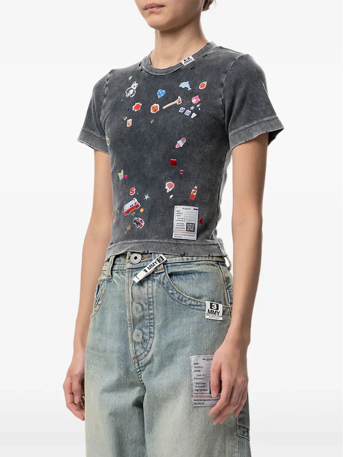 Maison MIHARA YASUHIRO kids sticker-print bleached T-shirt - Grey - 画像3