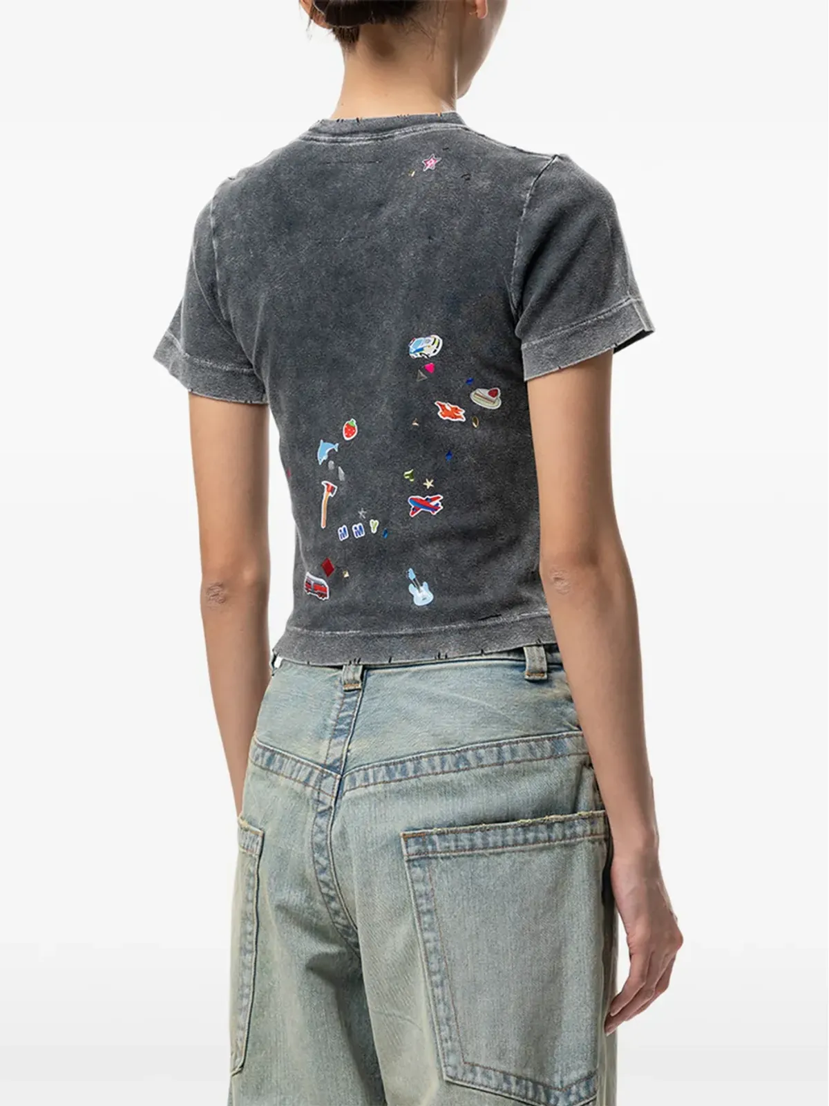Maison MIHARA YASUHIRO kids sticker-print bleached T-shirt - Grey - 画像4