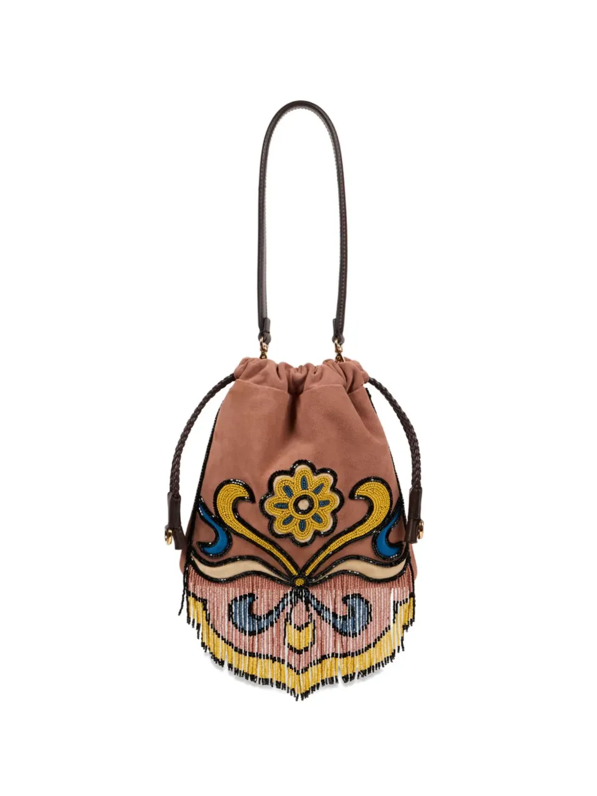 ETRO 小さめカリスペラ ビーズ付きフリンジスエード バケットバッグ - 画像1