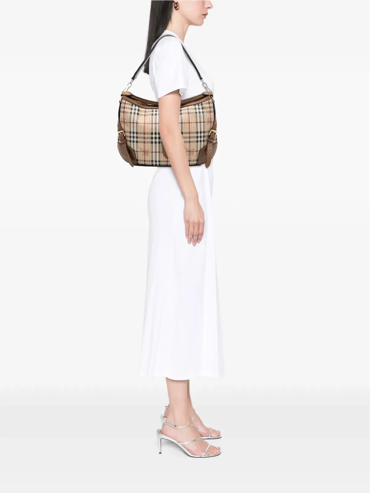 Burberry Pre-Owned ヘイマーケット チェック ステッチ入り コーテッドキャンバスとレザーの ダンロー サッチェル - ブラウン - 画像2