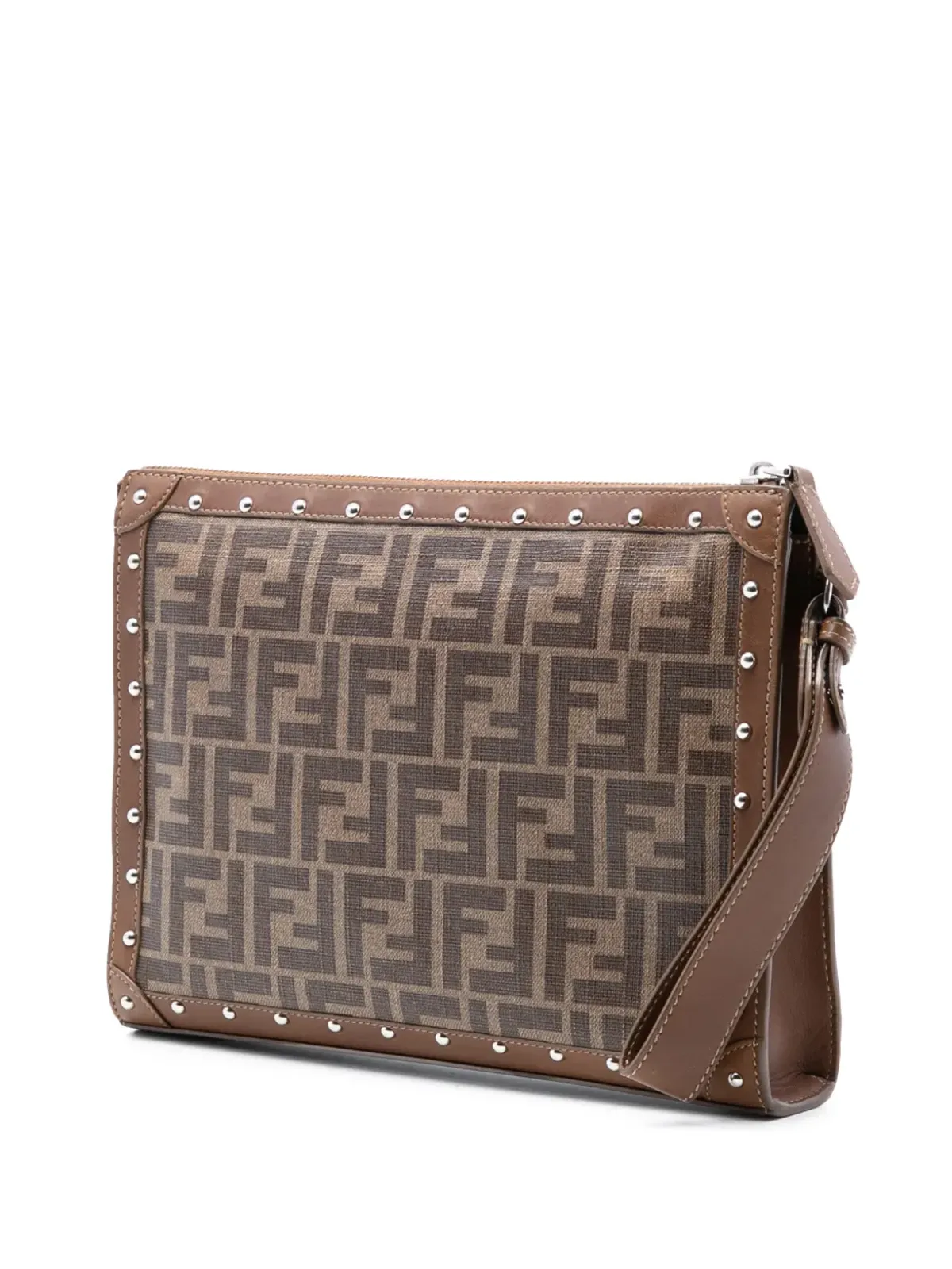 Fendi Pre-Owned スタッズ付きレザー・トリム Zucca コーテッドキャンバス クラッチバッグ - 画像3
