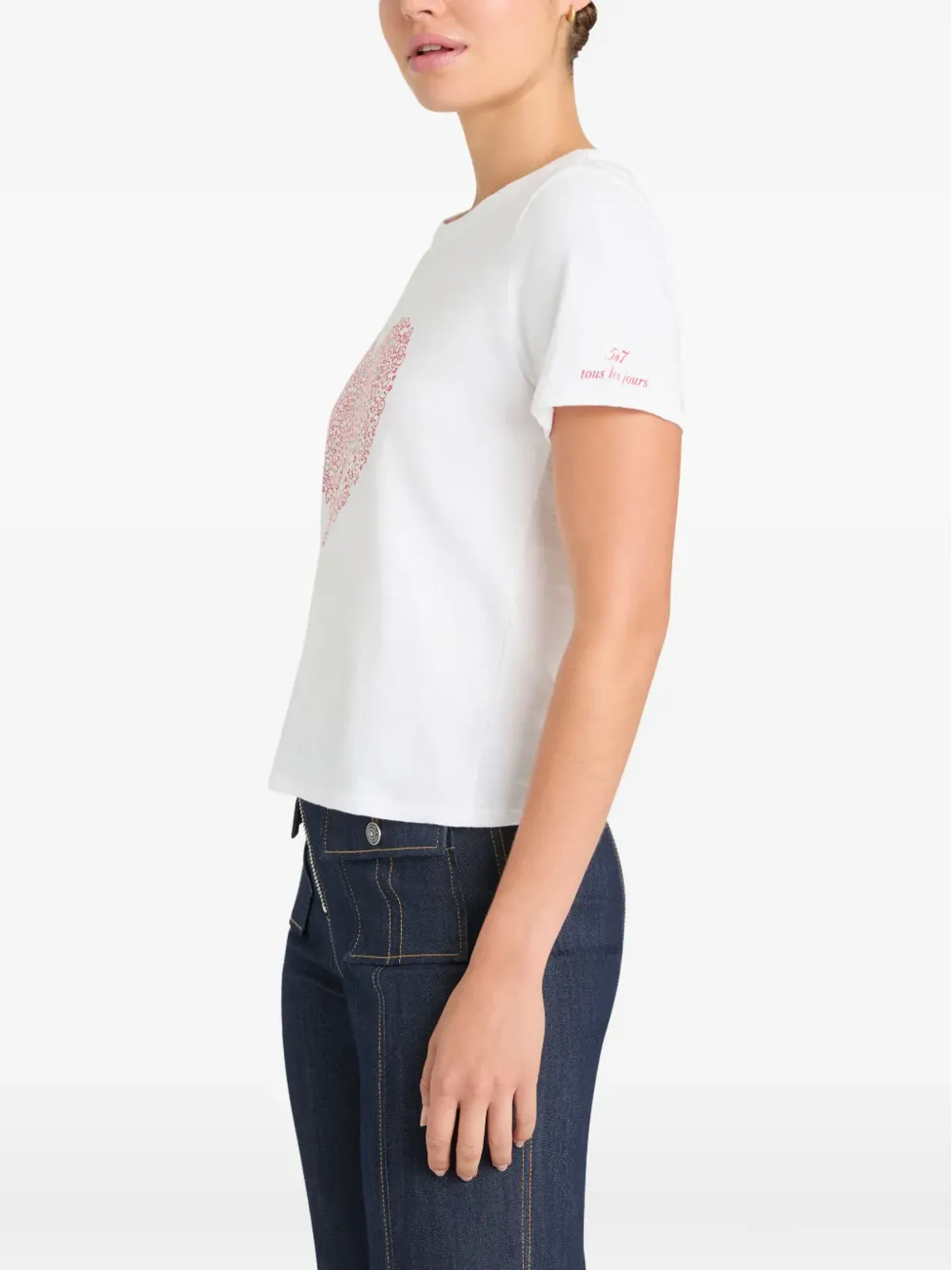 Cinq A Sept ラインストーン装飾ハートプリント Tシャツ - ホワイト - 画像3