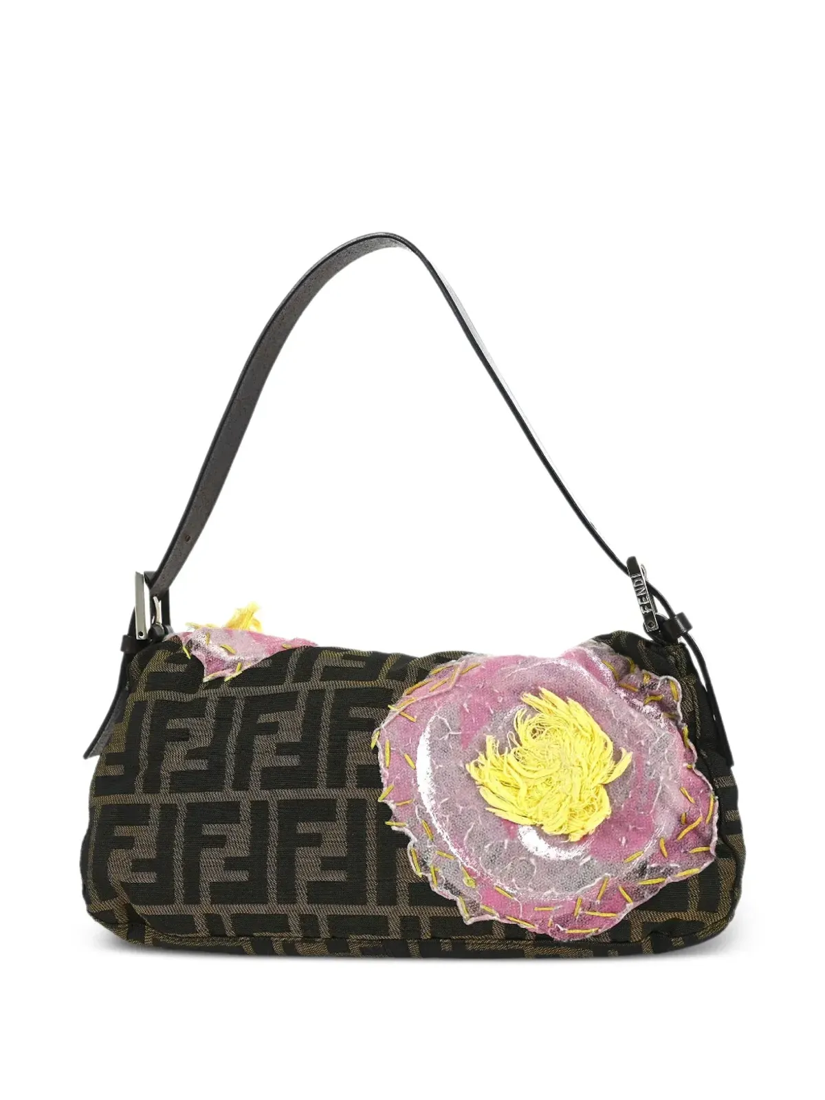 Fendi ビンテージ Zucca バゲット フローラル刺繍ショルダーバッグ ブラウン - 画像2