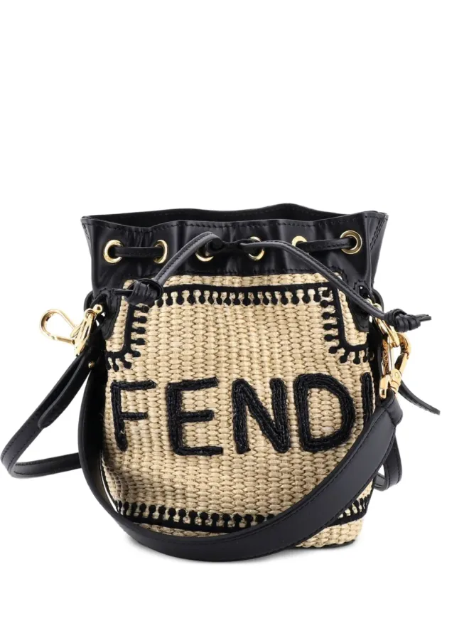 Fendi Pre-Owned Fendi Pre-Owned モン・トレゾール ロゴ刺繍 ラフィア バケットバッグ - ブラックの商品画像