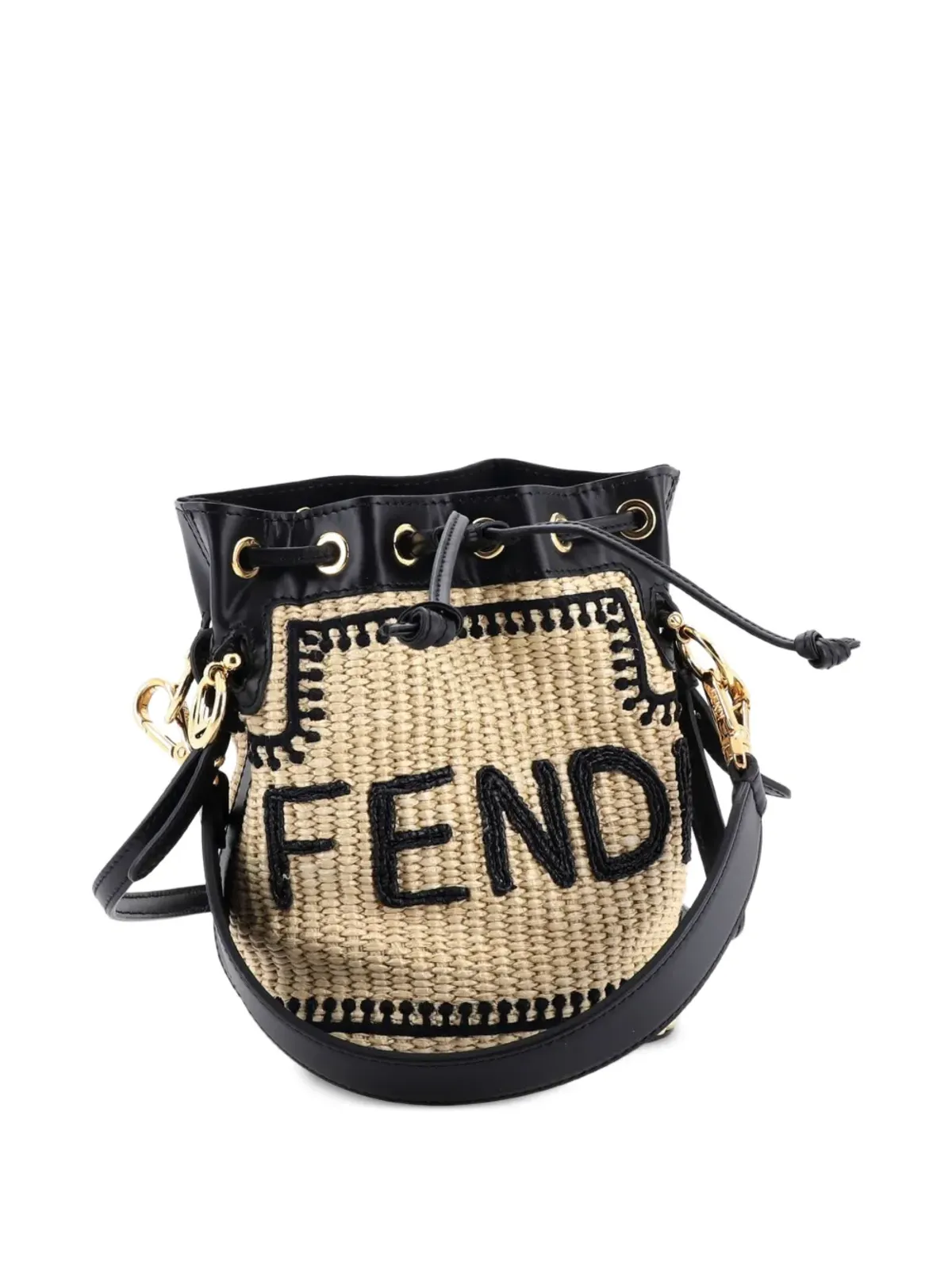 Fendi Pre-Owned モン・トレゾール ロゴ刺繍 ラフィア バケットバッグ - ブラック - 画像3