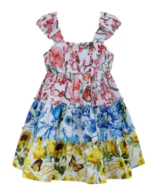 Lapin House x Mary Katrantzou ワンピース - 白地に花柄プリントのフリルノースリーブ、スクエアネック - サムネイル1