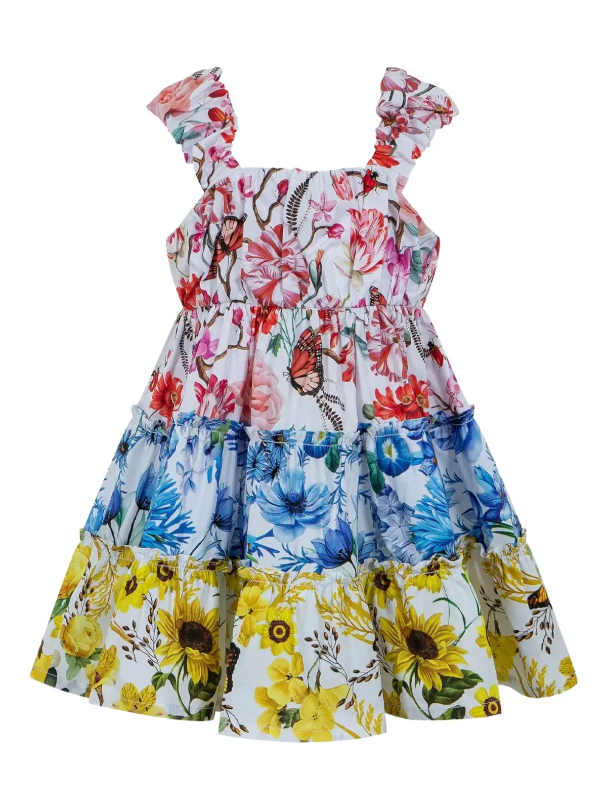 Lapin House x Mary Katrantzou ワンピース - 白地に花柄プリントのフリルノースリーブ、スクエアネック - 画像2